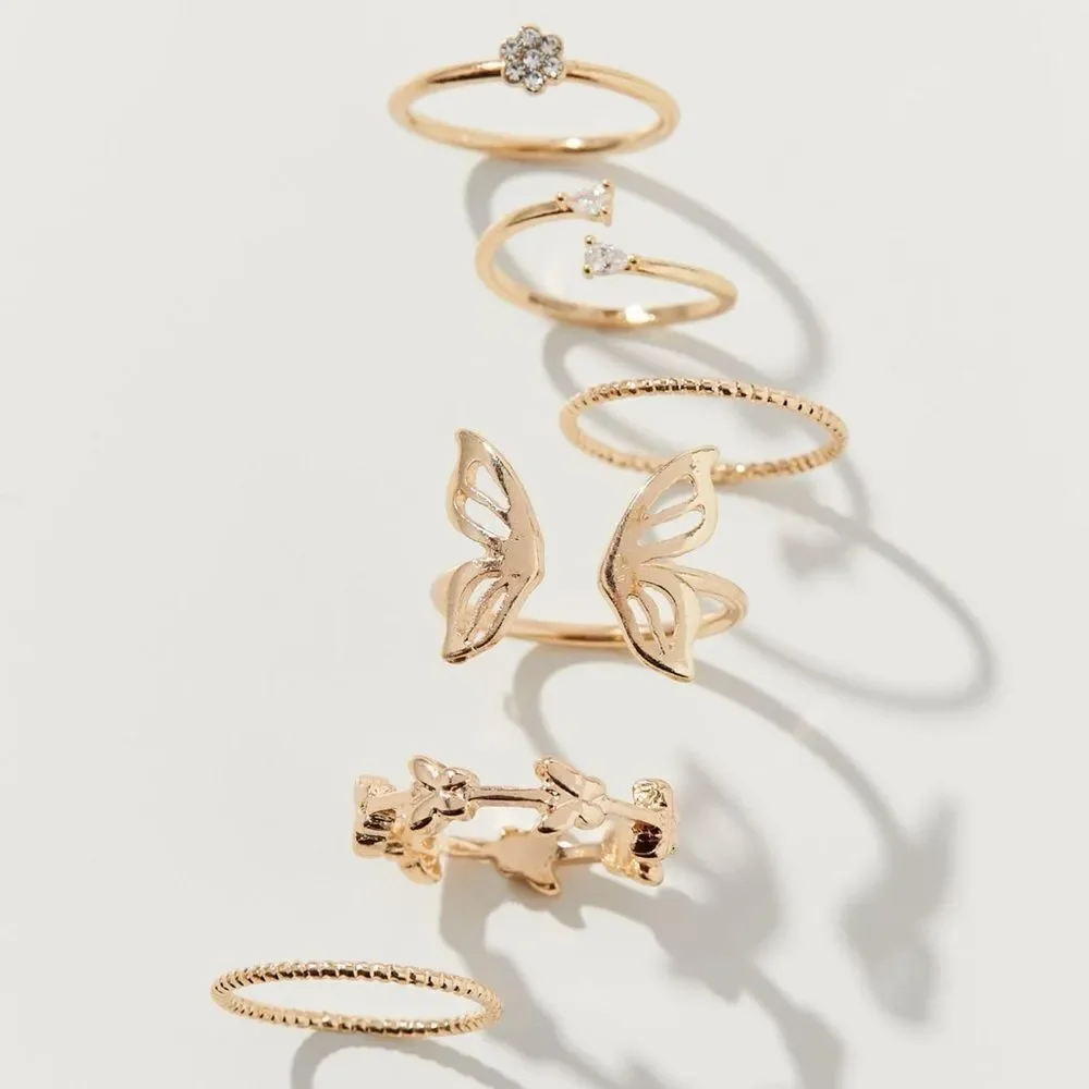 Urban Outfitters FlutterSet of Various Gold Plated Butterfly Stacking Rings